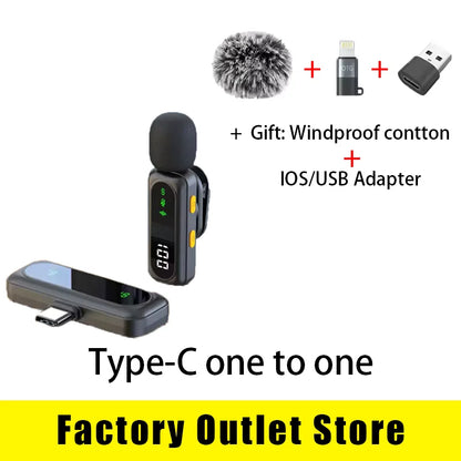 Black wireless lavalier microphone with digital display and yellow buttons for podcast noise reduction and video recording
