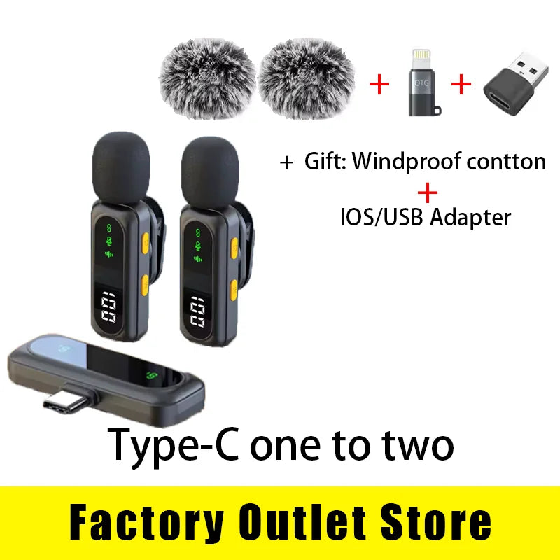 Black and yellow wireless lavalier microphone with digital display and furry windscreen for podcast noise reduction and recording