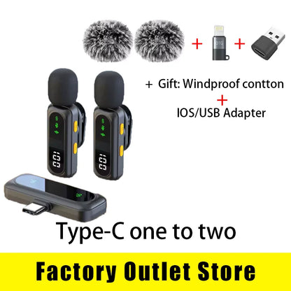 Black and yellow wireless lavalier microphone with digital display and furry windscreen for podcast noise reduction and recording