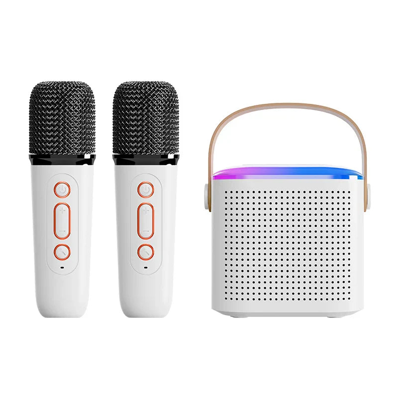 White wireless microphone karaoke set with black mesh grilles and rose gold buttons with portable speaker and led lighting
