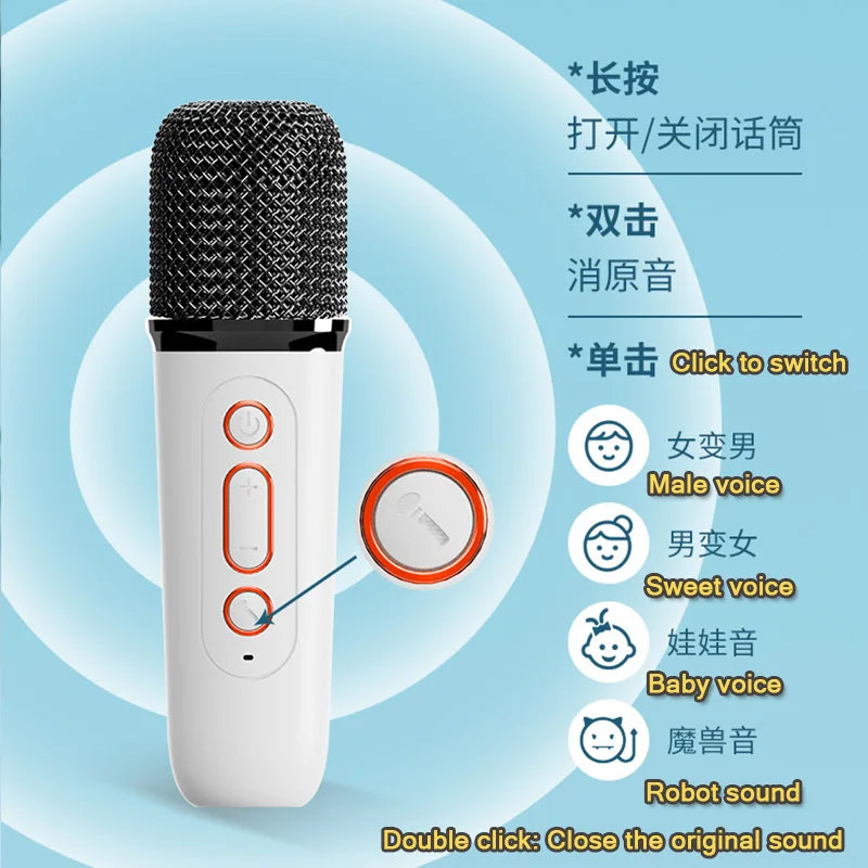 White handheld wireless microphone karaoke with black mesh grille and orange voice effect buttons for karaoke machine portable mp3 player karaoke