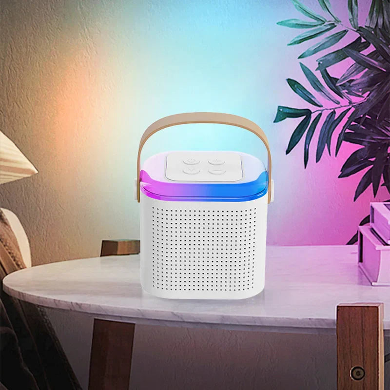 White wireless microphone karaoke machine portable bluetooth speaker with wooden handle and colorful led lighting