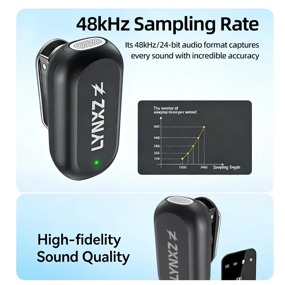 Black Lynxz wireless mini magnetic lavalier microphone with green power indicator and textured surface for video recording interview