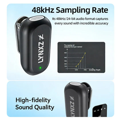 Black Lynxz wireless mini magnetic lavalier microphone with green power indicator and textured surface for video recording interview
