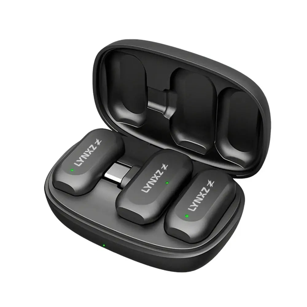 Black lynxz wireless mini magnetic lavalier microphone earbuds in sleek oval charging case for video recording interview
