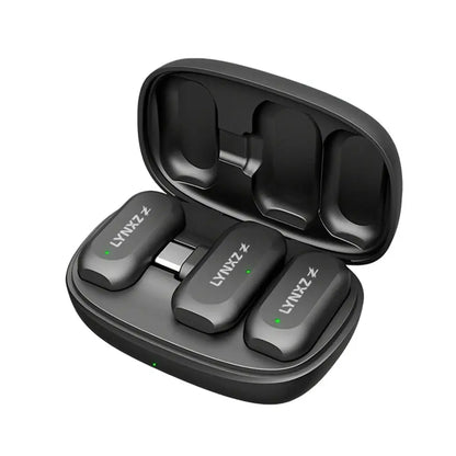 Black lynxz wireless mini magnetic lavalier microphone earbuds in sleek oval charging case for video recording interview
