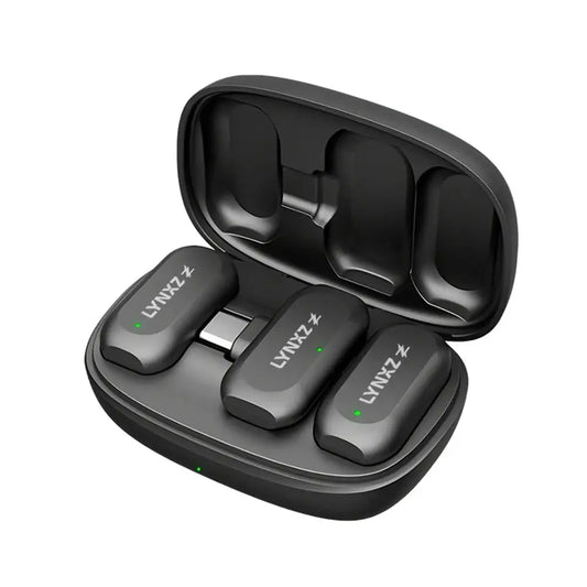 Black lynxz wireless mini magnetic lavalier microphone earbuds in sleek oval charging case for video recording interview