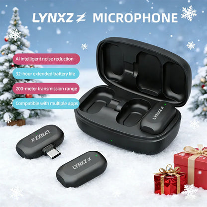 Black lynxz wireless mini magnetic lavalier microphone transmitter and receiver set in compact charging case for video recording interview