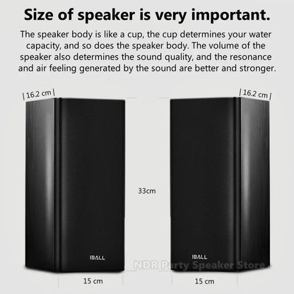 Black rectangular iball wooden passive bookshelf hifi speaker with matte finish and precise dimensional markings for professional home theater