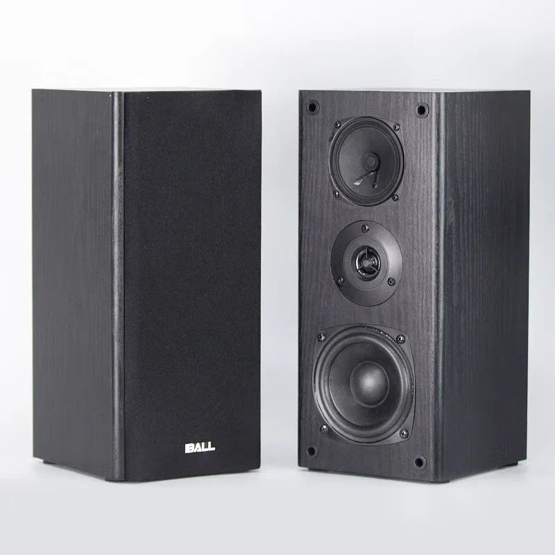 Black wooden-finish bookshelf hifi speaker with three-driver design and ball logo for professional home theater use