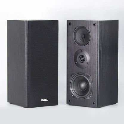 Black wooden-finish bookshelf hifi speaker with three-driver design and ball logo for professional home theater use