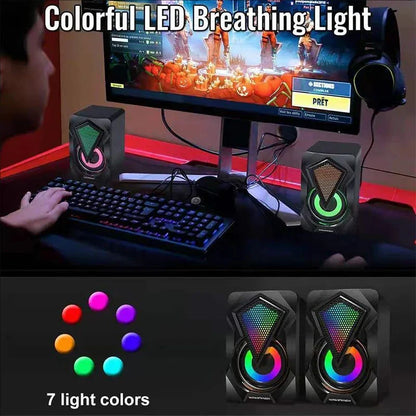 New x2 black gaming speakers with triangular grille and colorful led breathing lights feature digital power amplifier for desktop use
