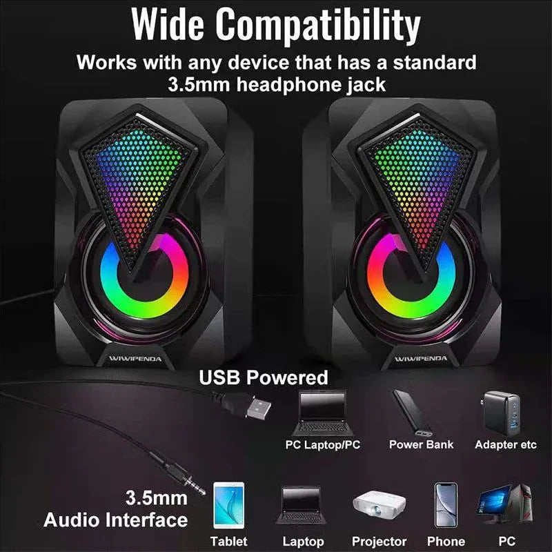 New x2 black usb-powered gaming speakers with vibrant rgb lighting and 3.5mm input featuring digital power amplifier