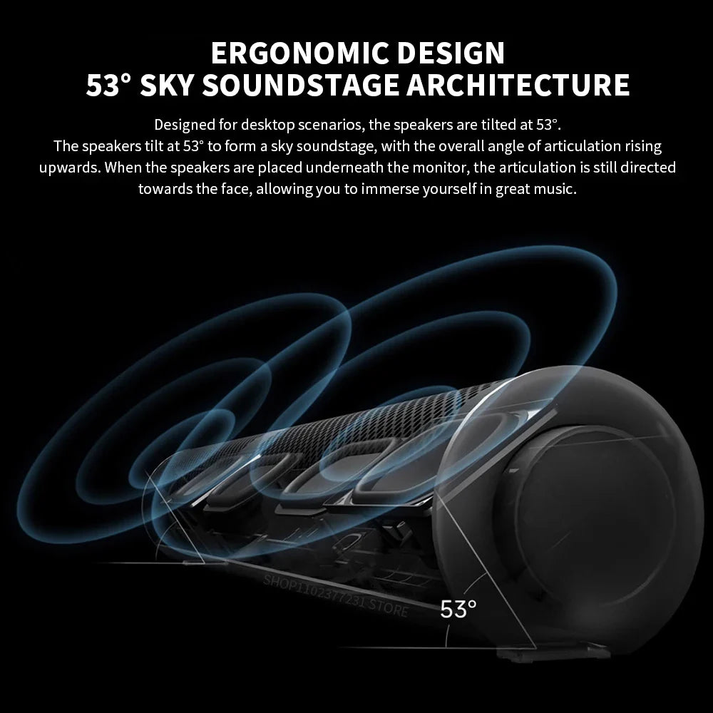 Black cylindrical xiaomi redmi desktop speaker with mesh grille and 53-degree tilt designed for immersive sound field effects