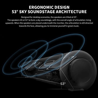 Black cylindrical xiaomi redmi desktop speaker with mesh grille and 53-degree tilt designed for immersive sound field effects