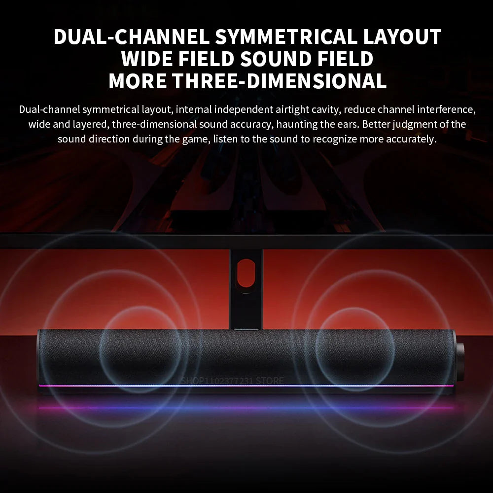 Black rectangular new xiaomi redmi computer speaker with textured surface and purple led strip for immersive sound field effects