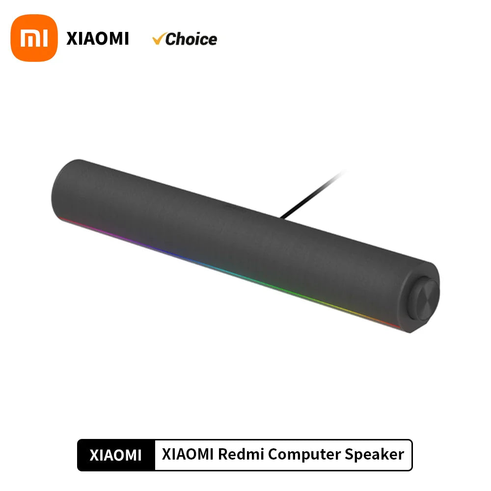 Black cylindrical xiaomi redmi computer speaker with matte finish and rgb lighting delivers immersive sound effects and sky sound field