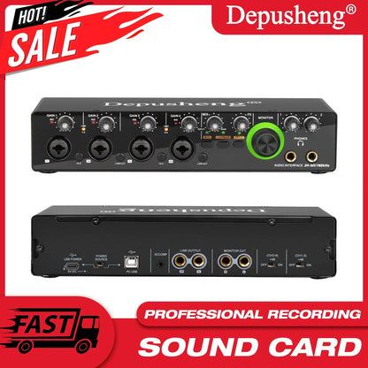 Black depusheng 4 channel audio interface with green monitor knob and multiple ports for podcast recording music studio use