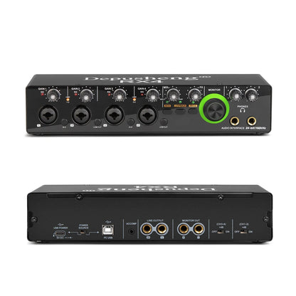 Black depusheng rx4 audio interface with green monitor knob and gold usb ports for podcast recording music studio use
