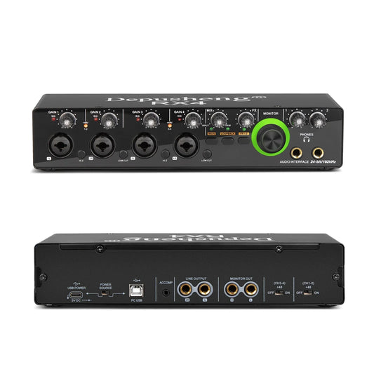 Black depusheng rx4 audio interface with green monitor knob and gold usb ports for podcast recording music studio use
