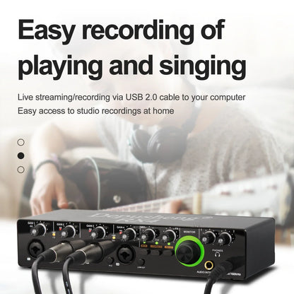 Black dopydeng usb 4 channel audio interface with green accent ring and multiple ports for podcast recording music studio use