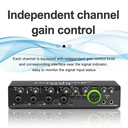 Black depusheng rx4 4 channel audio interface with multiple gain knobs and green monitor knob for podcast recording music studio and live instruments