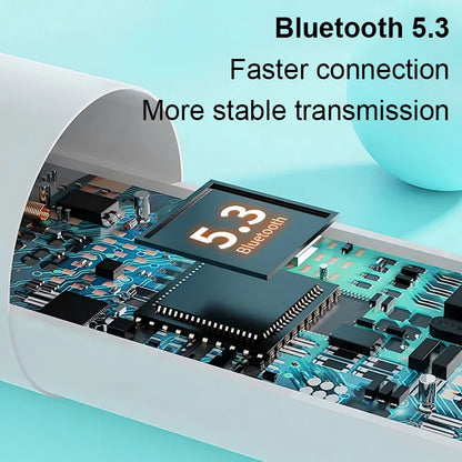 Black bluetooth 5.3 chip with gold lettering on blue circuit board inside white casing for newest bluetooth earphone pro4-plus wireless headphone hifi stereo headset a87