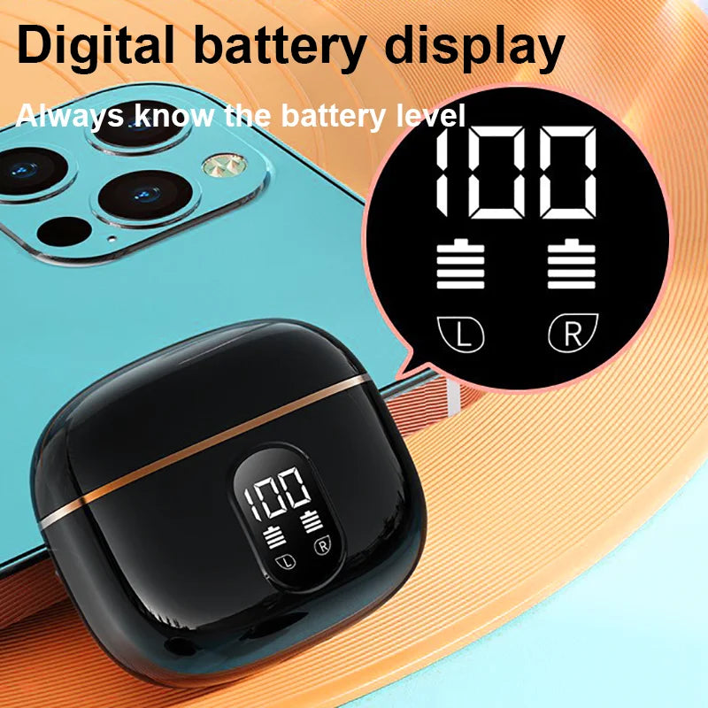 Black newest bluetooth earphone pro4-plus wireless headphone hifi charging case with digital display and labeled earbuds