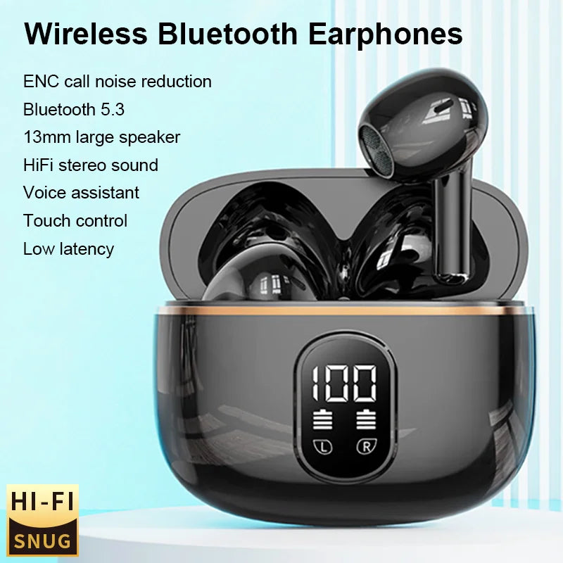 Black newest bluetooth earphone pro4-plus wireless headphone hifi with touch controls in charging case with digital display