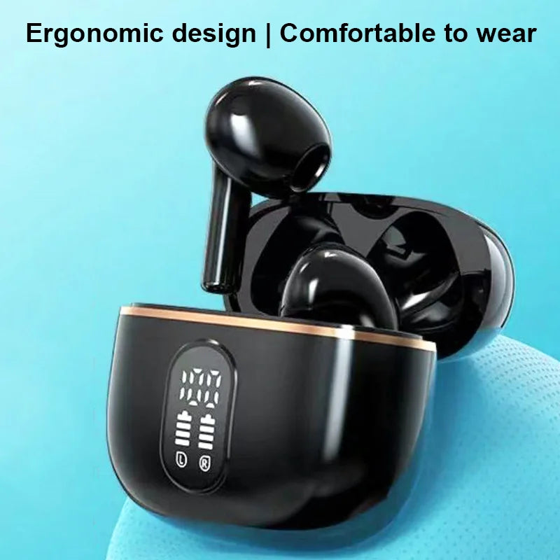 Black newest bluetooth earphone pro4-plus wireless headphone hifi earbuds in glossy case with digital display and gold trim