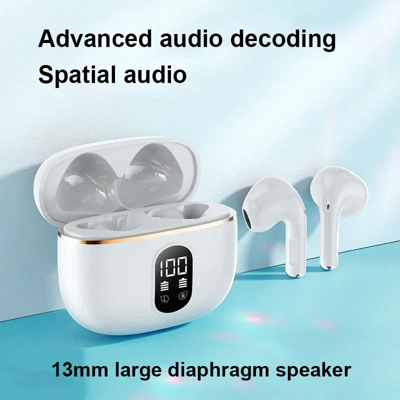 White newest bluetooth earphone pro4-plus wireless headphone hifi with gold-trimmed stereo headset a87 charging case and digital display
