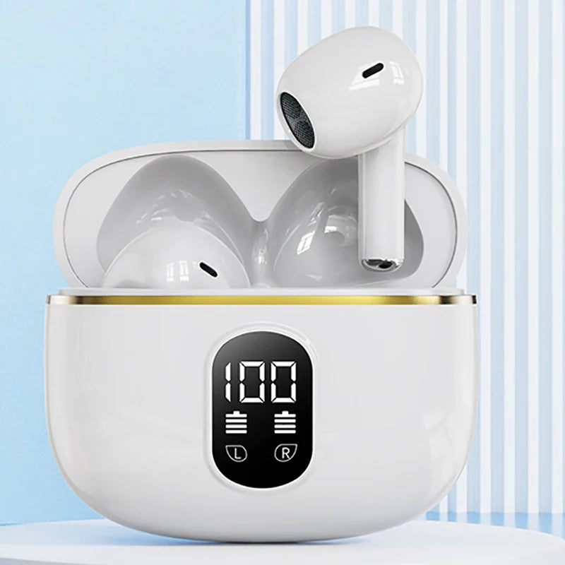 Newest bluetooth earphone pro4-plus wireless headphone hifi white earbuds in gold-trimmed charging case with display