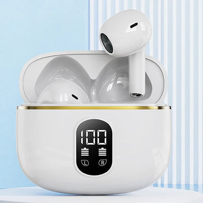 Newest bluetooth earphone pro4-plus wireless headphone hifi white earbuds in gold-trimmed charging case with display