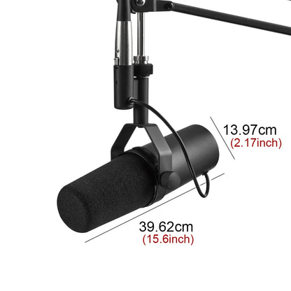 Black cylindrical condenser recording microphone with foam windscreen on adjustable arm newest manufacturer sm7b kit