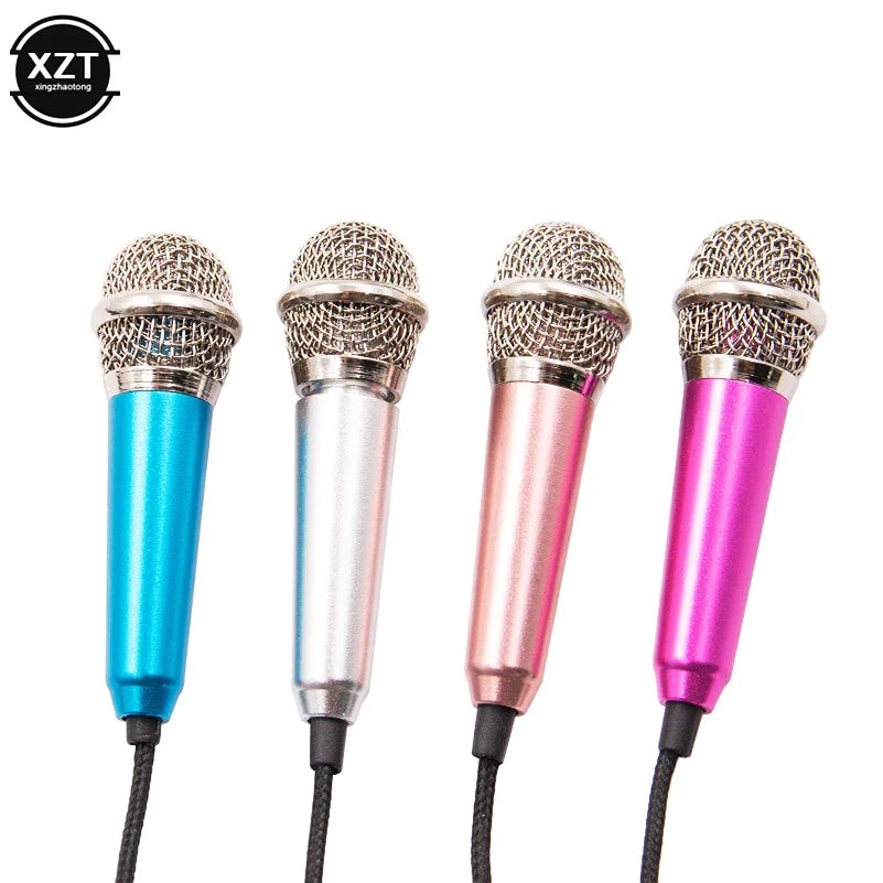 Four colorful newest mini jack studio lavalier professional handheld microphones with metallic mesh grilles and braided cords