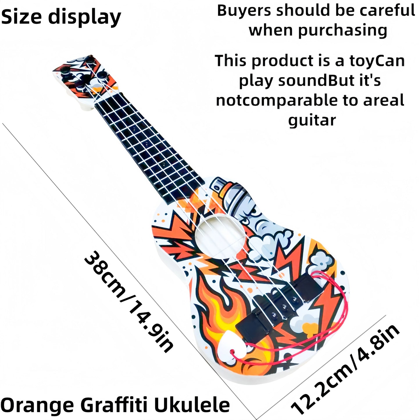 Newly launched vibrant orange strumming ukulele beginner-friendly toy with flame graphics and white body for kids gift
