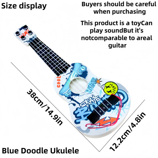 Blue doodle strumming ukulele beginner-friendly toy guitar with vibrant plastic body and playful skateboard graffiti design