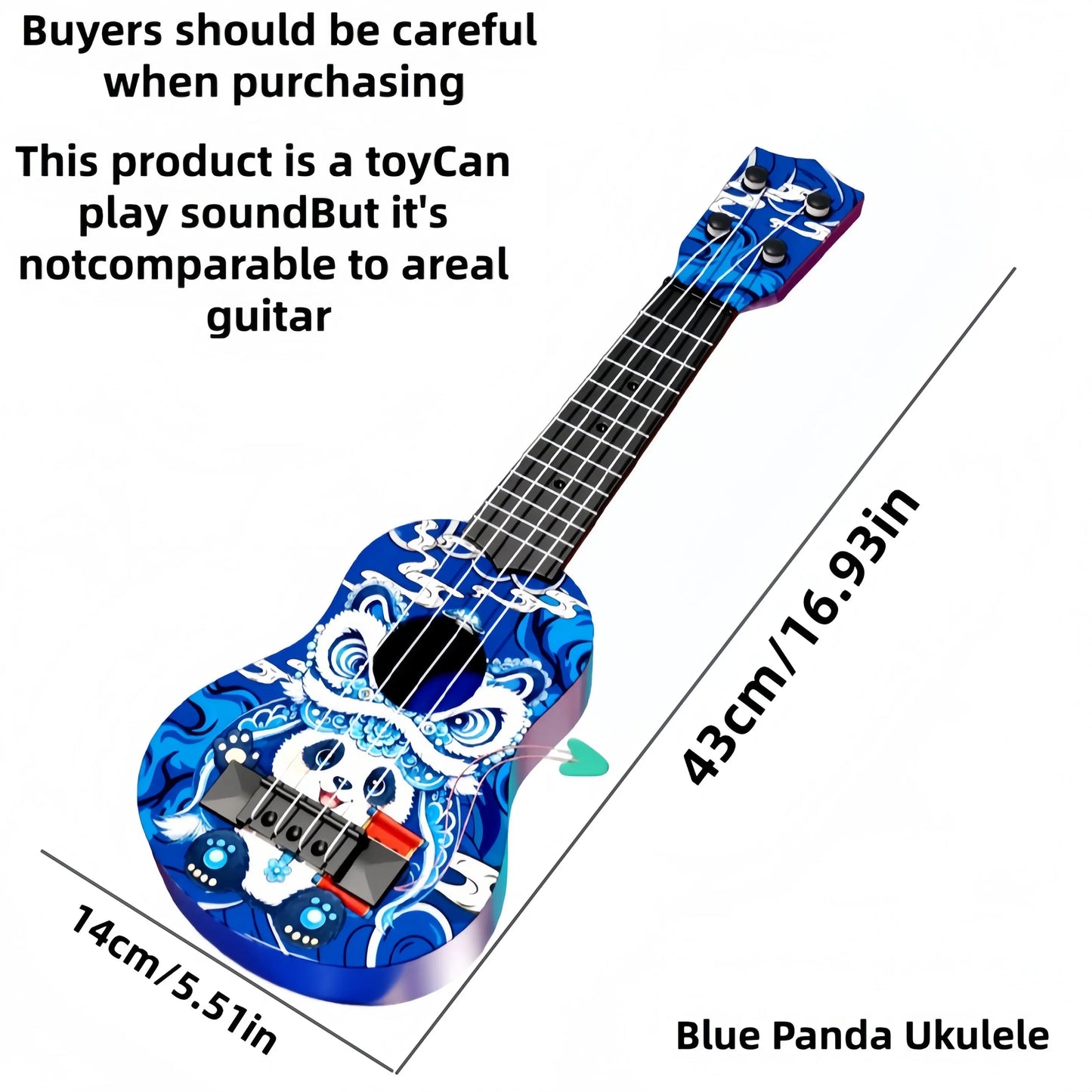 Blue panda strumming ukulele beginner-friendly toy guitar with vibrant blue body and panda pattern for kids gift