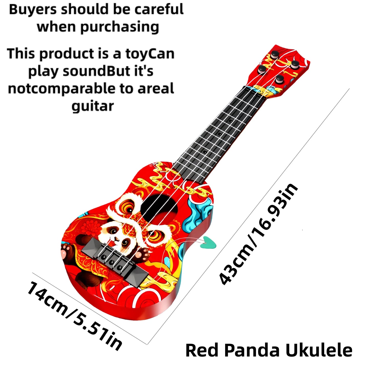 Newly launched strumming ukulele beginner-friendly toy guitar with vibrant red body and colorful panda and dragon designs