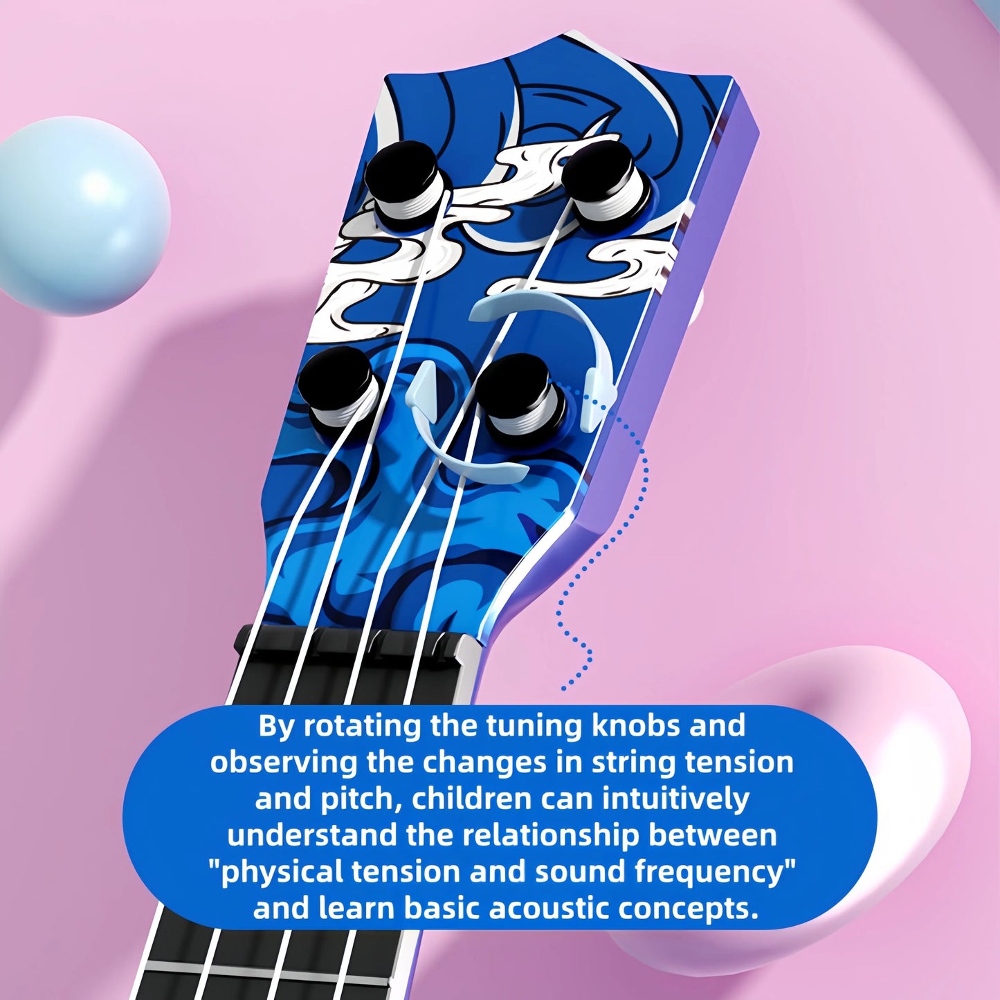 Blue strumming ukulele beginner-friendly toy guitar with white swirling patterns and black tuning knobs for kids gift