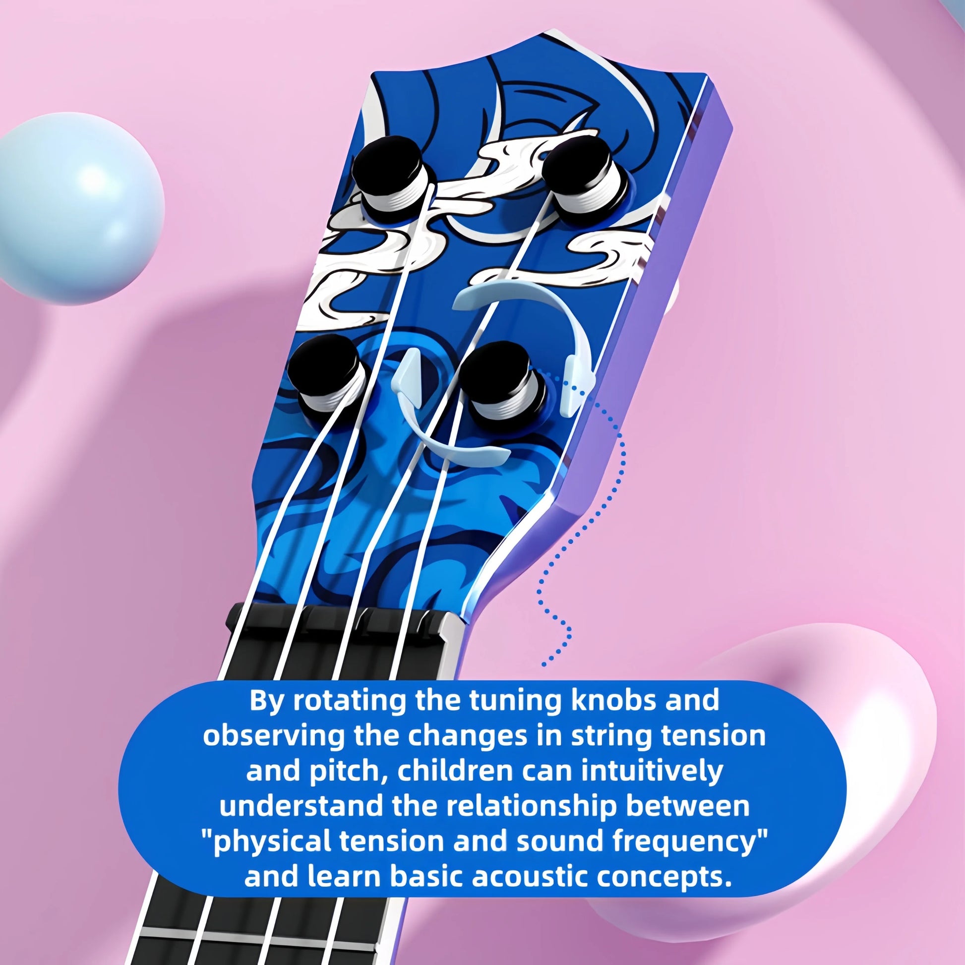 Blue strumming ukulele beginner-friendly toy guitar with white swirling patterns and black tuning knobs for kids gift