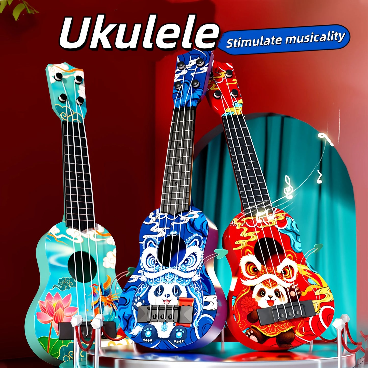 Three vibrantly colored cartoon-themed strumming ukulele beginner-friendly toys featuring pandas and traditional motifs