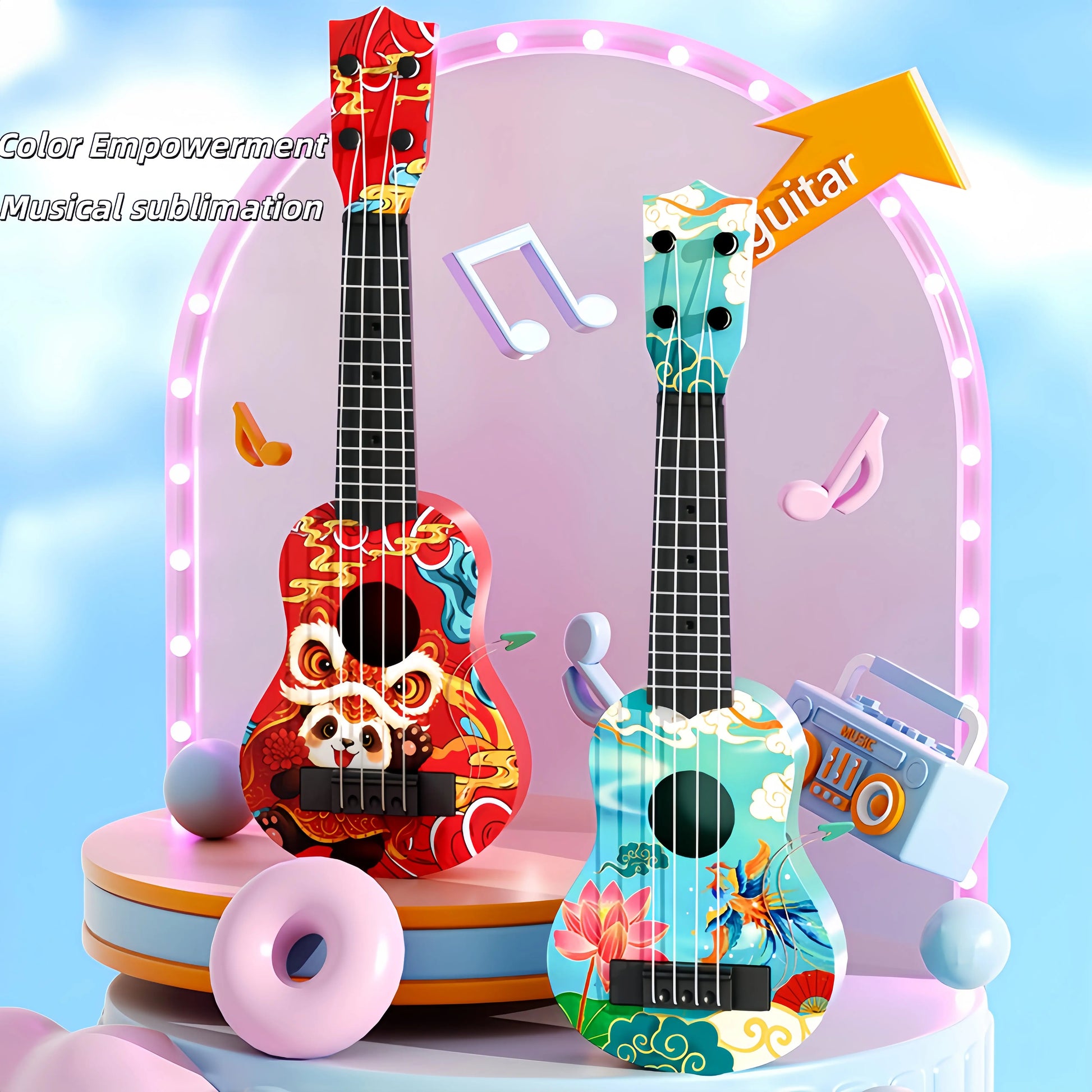 Two colorful strumming ukulele beginner-friendly toy guitars with panda and floral designs ideal for children gifts
