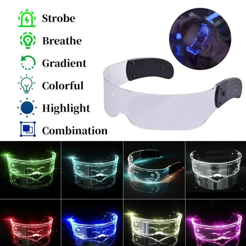 Clear translucent led visor with black adjustable arms and upgraded seven color lighting for parties bars music and birthday