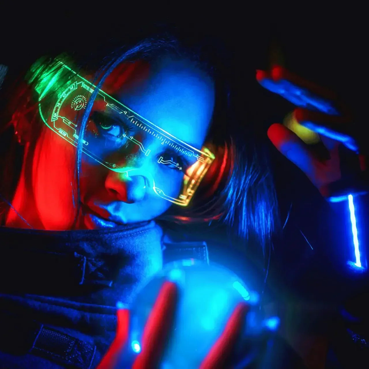Newly upgraded seven color luminous glasses with neon green and yellow circuitry for parties bars music festivals and christmas