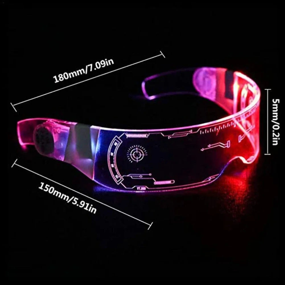 A sleek transparent led visor with glowing pink and blue circuitry patterns for luminous glasses birthday parties bars music