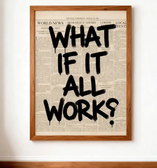 A framed newspaper poster featuring black graffiti-style lettering on a vintage background for dorm room decor