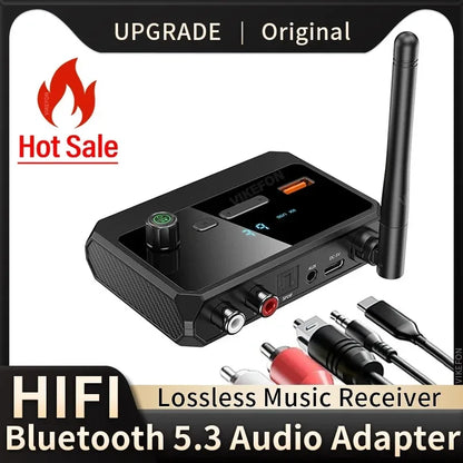 Black vikefon bluetooth 5.3 music wireless adapter with textured surface external antenna and multiple connectivity ports for kit speaker amp