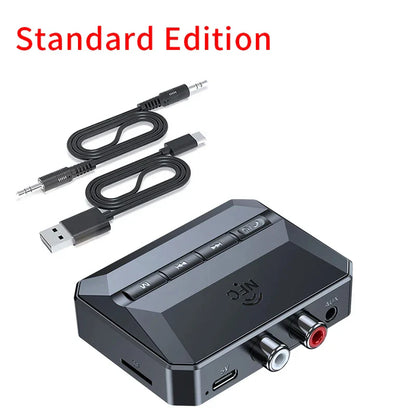 Black rectangular nfc bluetooth 5.3 audio receiver with usb-c, rca, aux ports for hifi stereo music wireless adapter kit speaker amp