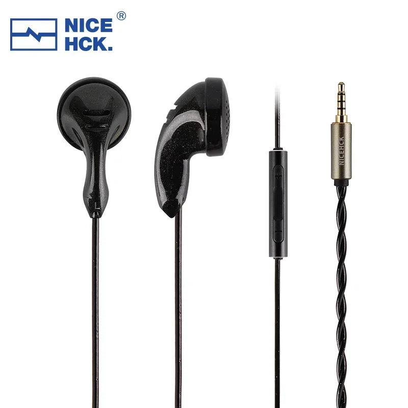 Black wired flat earbud nicehck b80 with topologybio diaphragm dynamic and gold 3.5mm jack for hifi audio listening